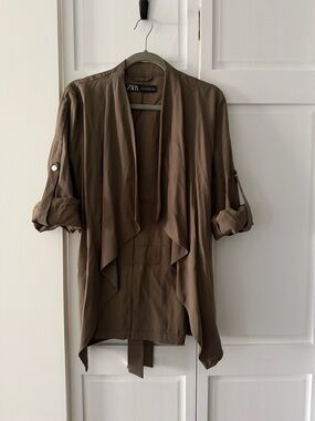Zara Olive Brown Lightweight Draped Open Front Tie Belt Blazer Jacket Size M